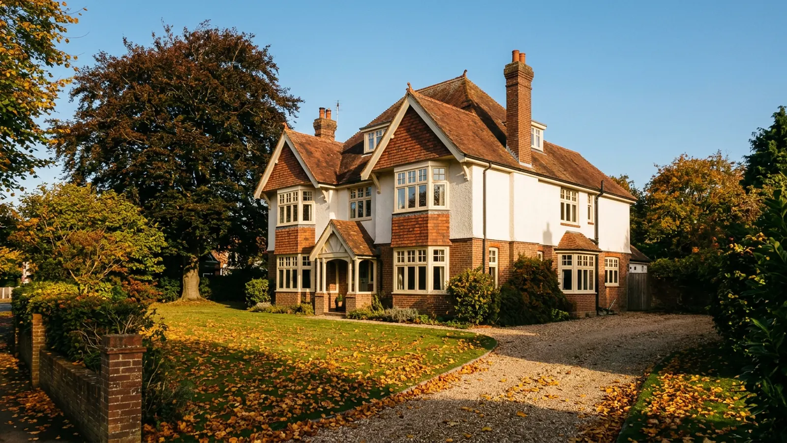 Edwardian brick house with painted timber windows in autumn sunshine
