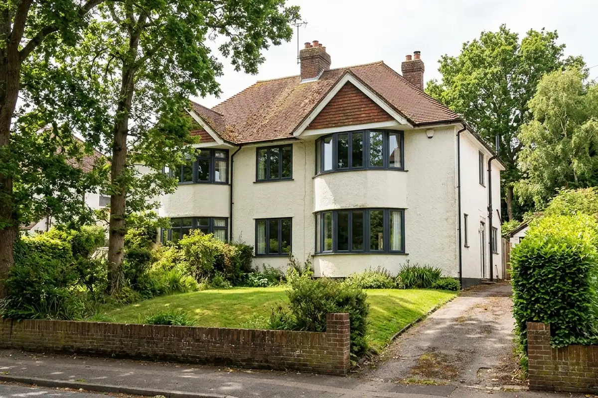 Illustration of a 1930s detached house with slimline aluminium windows and a curved bay