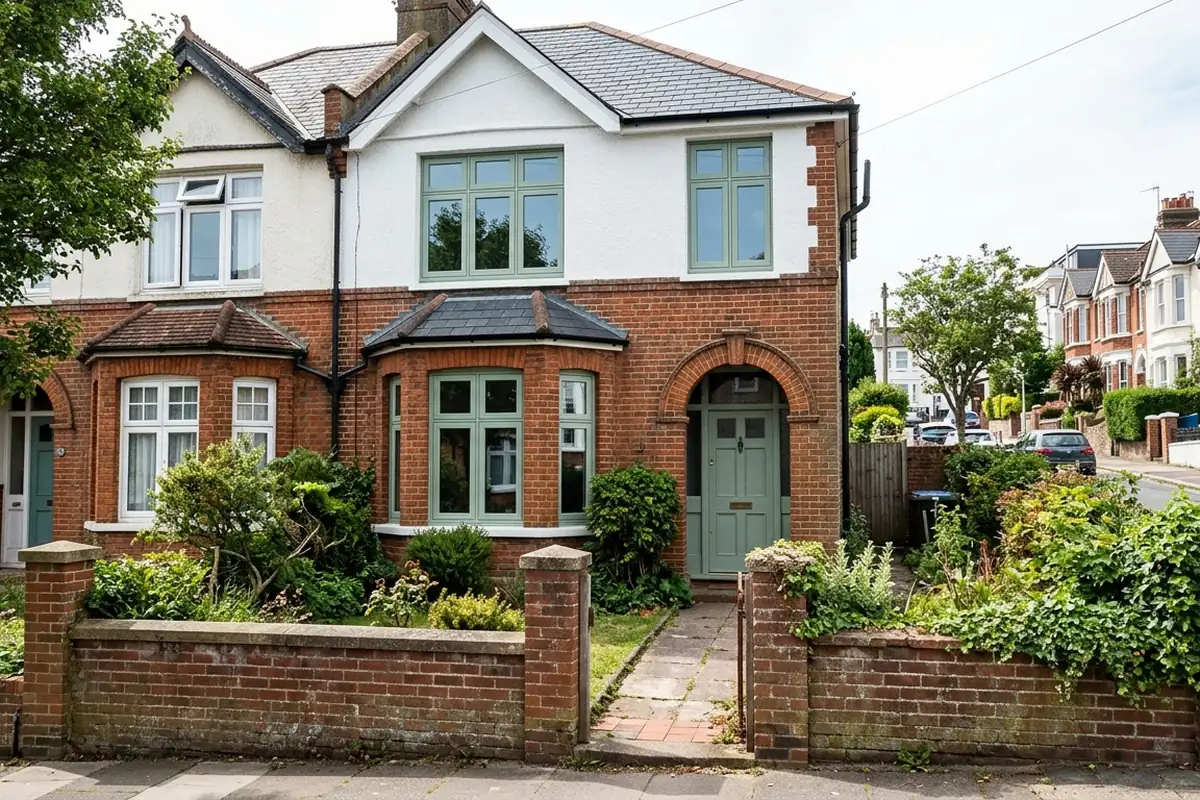 Illustration of an Edwardian semi-detached house with sage green flush casement windows
