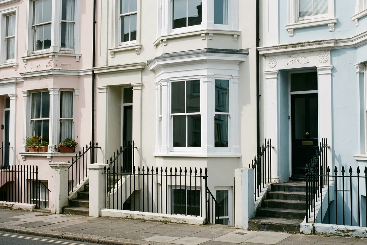 Illustration of a white timber sash bay window on a Kemp Town terraced house