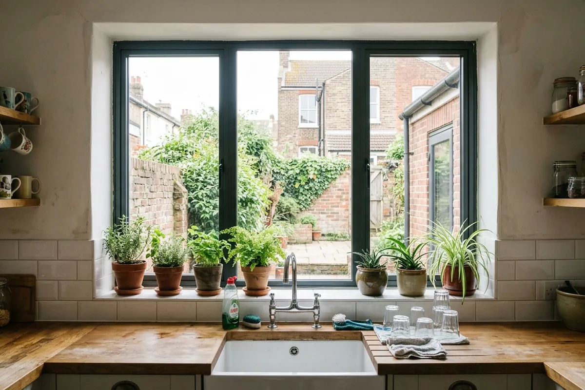Illustration of a slimline anthracite aluminium window in a kitchen