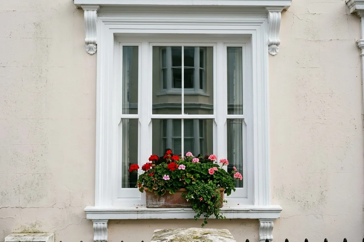 Illustration of a new white timber sash window on the ground floor of a terraced house