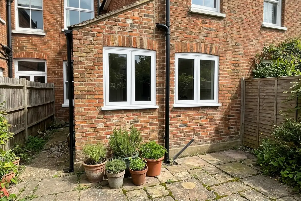 Illustration of two white flush casement windows on the back of a brick house