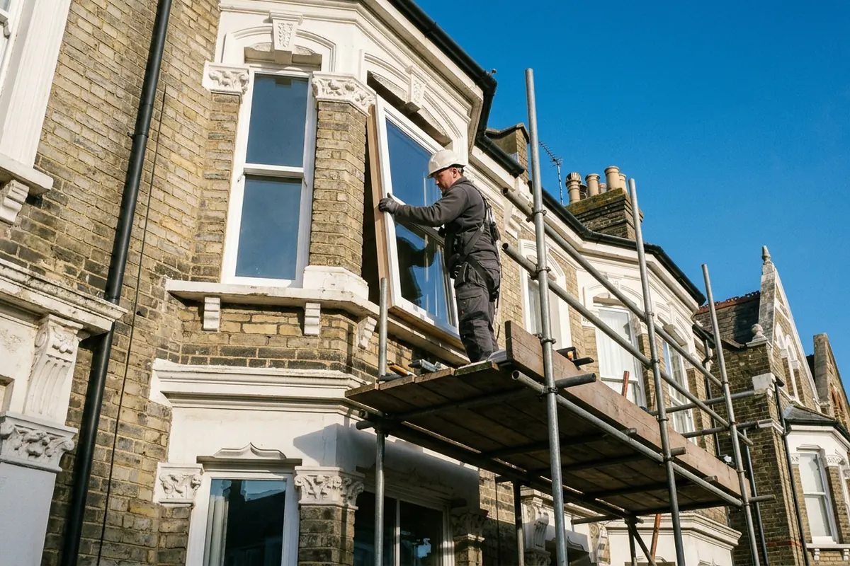 Window fitter installing a sash window from a scaffold on a brick townhouse