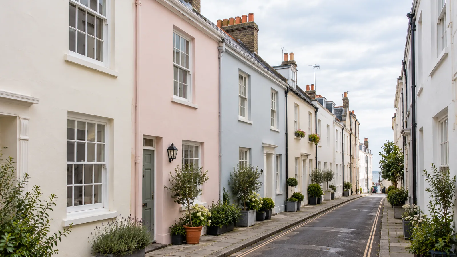 Narrow street of pastel painted cottages with sash windows