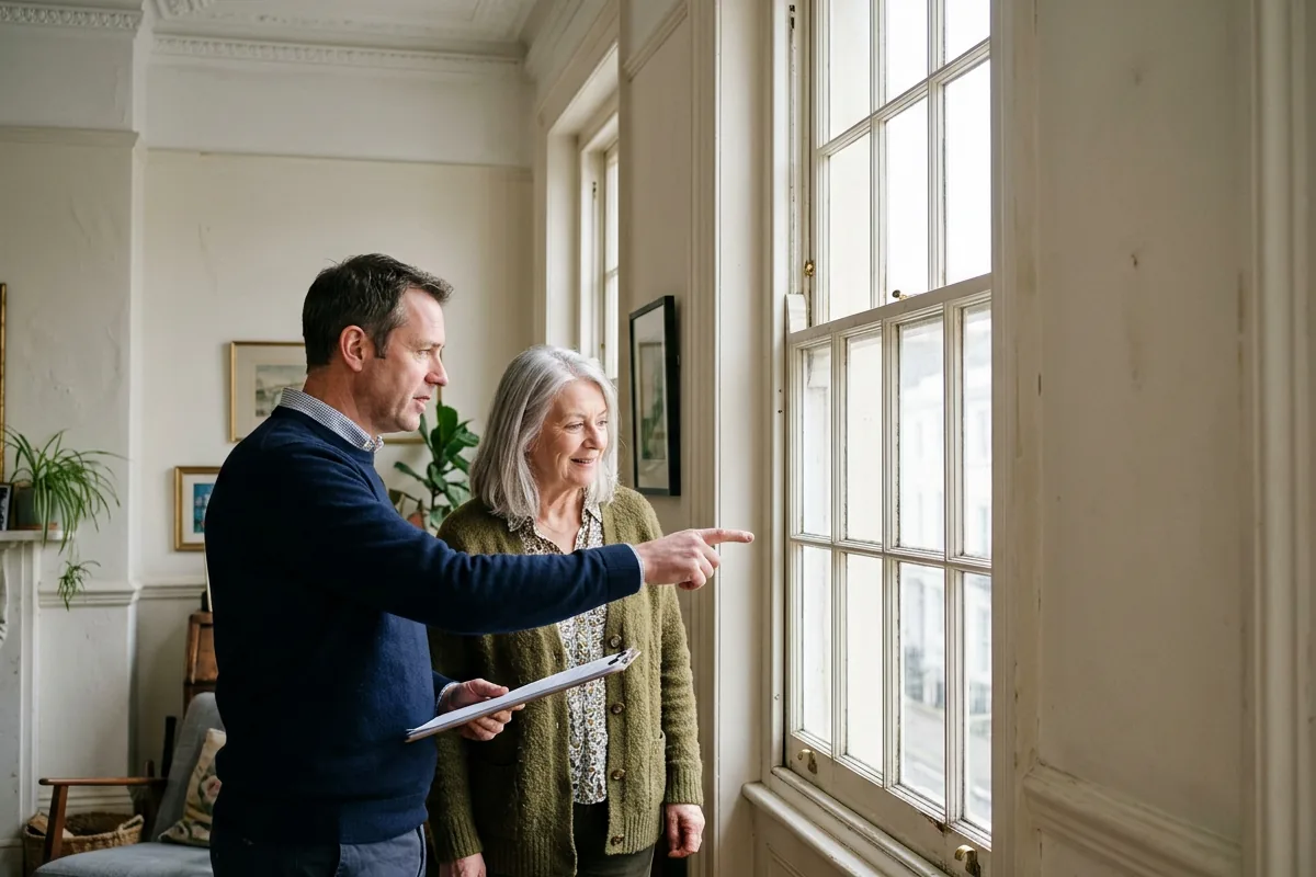 Surveyor pointing out details of an original sash window to a homeowner