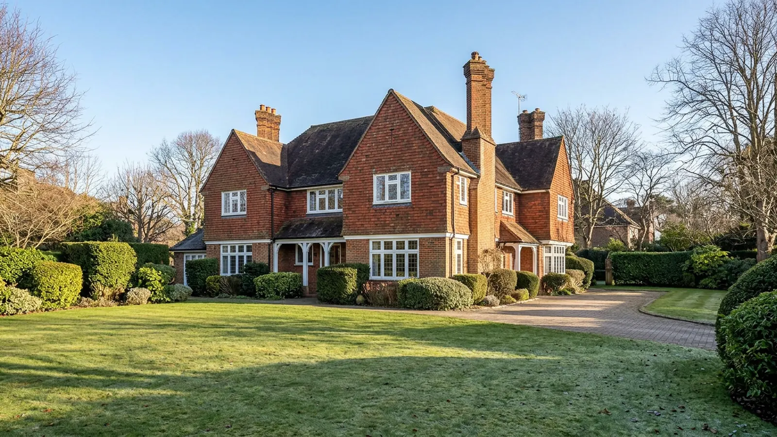 Large brick Arts and Crafts house in winter sunshine