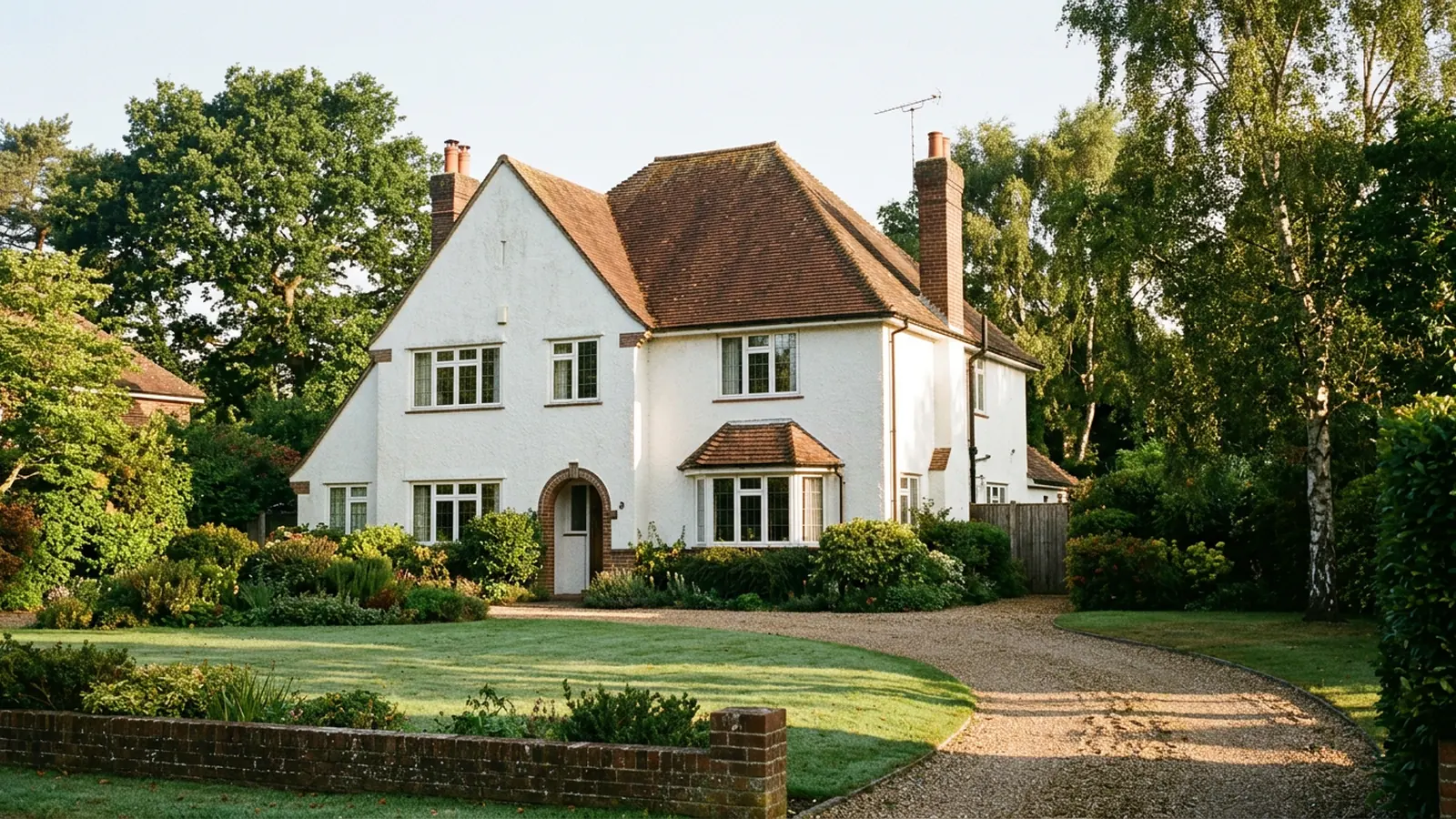 1930s white rendered detached house with a gravel drive